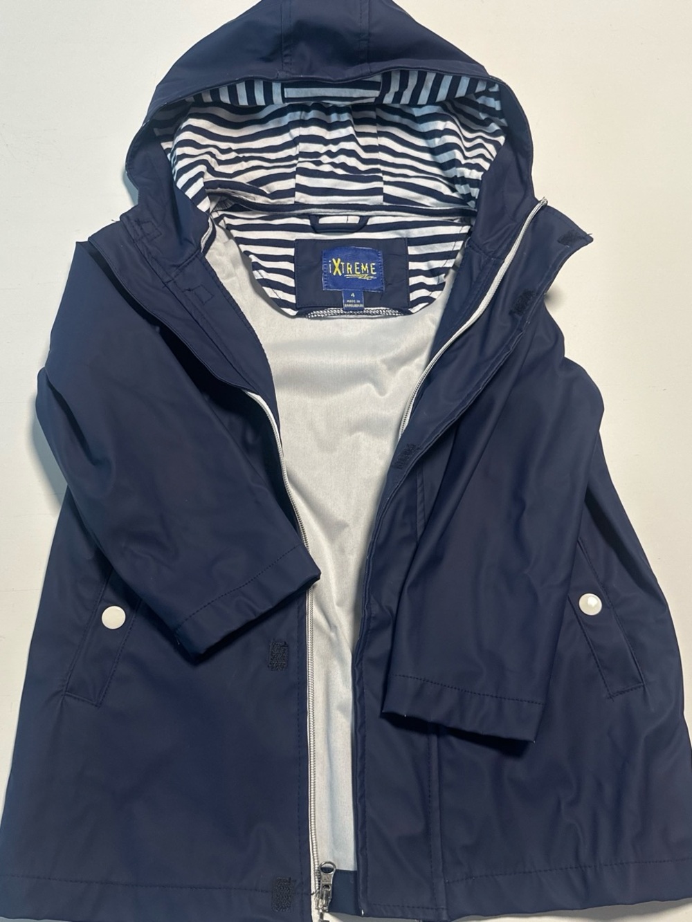 Kids' Navy Hooded Raincoat with Striped Hood Lining -